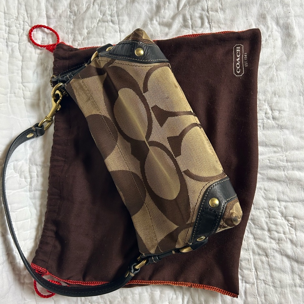 Coach Brown and Black Clutch Wristlet with Signature Pattern